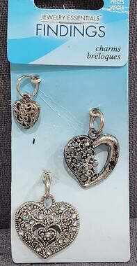Jewelry Essentials 3 Piece Heart Charms Silver Metal NWT Filigree